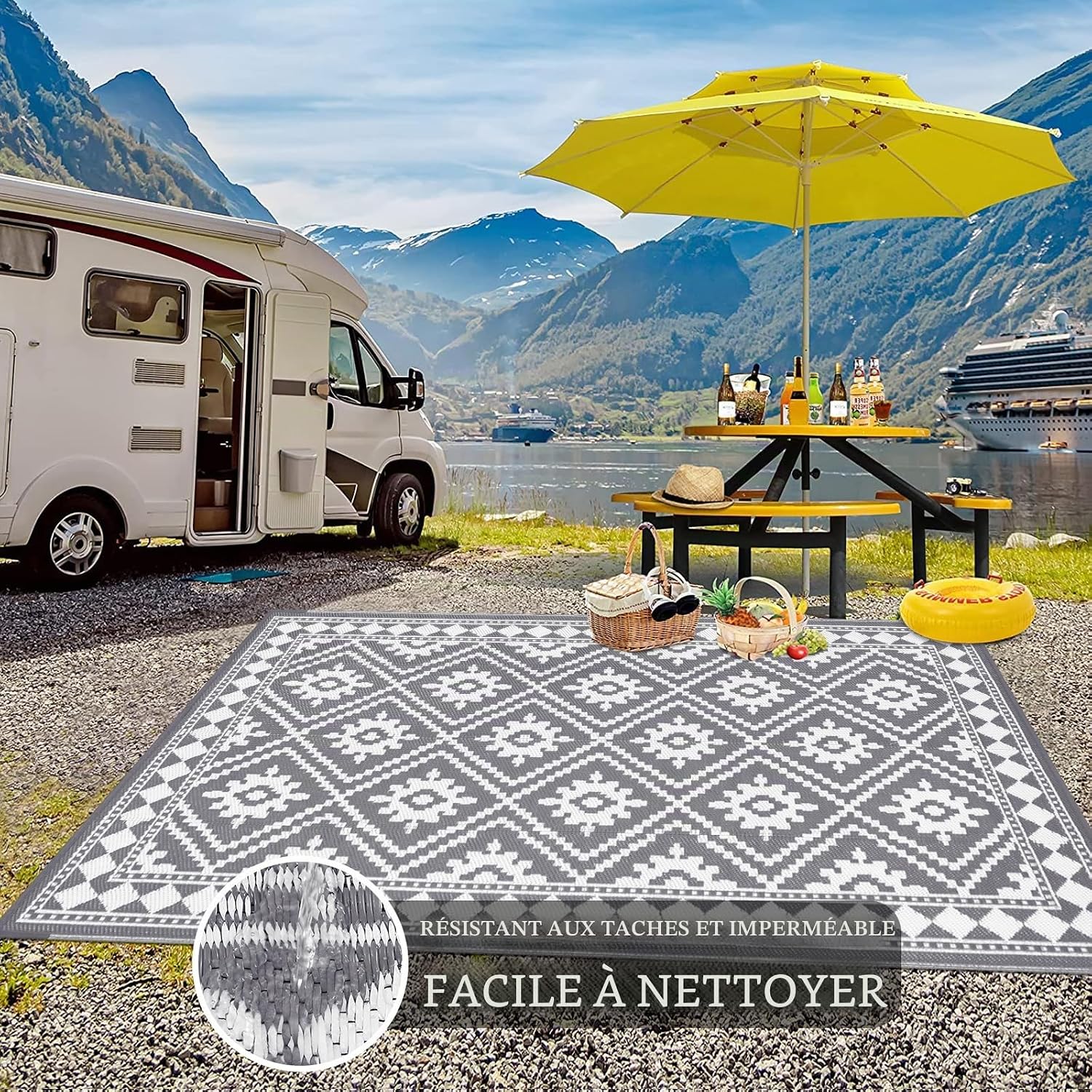 Detalle de Enyhom Tapis de pique-nique pliable réversible 180 x 270 cm – Gris, extérieur