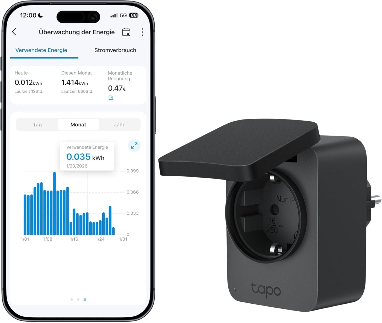 Detalle de Tapo P410M WLAN Outdoor Steckdose mit Stromzähler (IP54, Matter, 2,4 GHz)