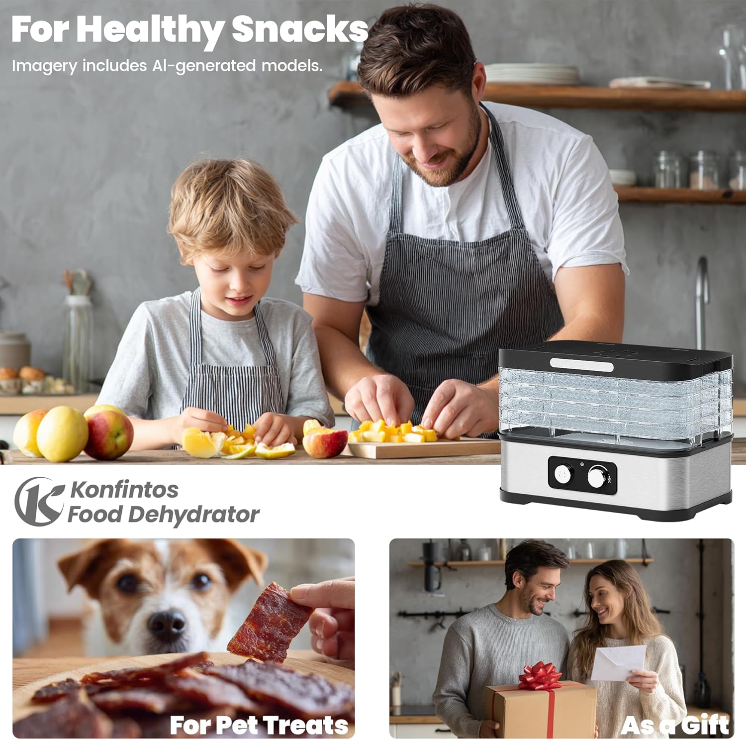 Detalle de Konfintos GGJ-300A Small Food Dehydrator, 5 BPA-Free Trays, 250W