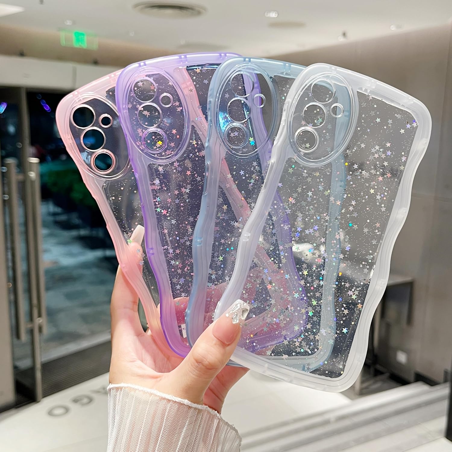 Thumbnail 5 de ZTOFERA Clear Curly Wave TPU Case for Samsung Galaxy A14 4G/5G (6.6-inch) – Blue Sparkle Star Glitter