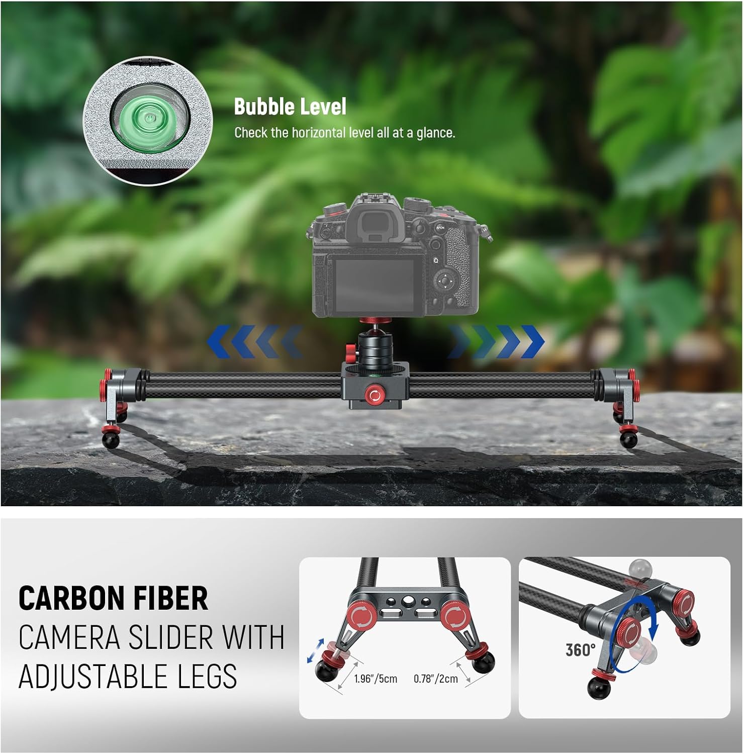 Thumbnail 2 de NEEWER 40 cm Kohlefaser Kamera-Slider Dolly Slider Schiene mit 360° Kugelkopf, Smartphone- und Action-Kamera-Halterung (CS1M)