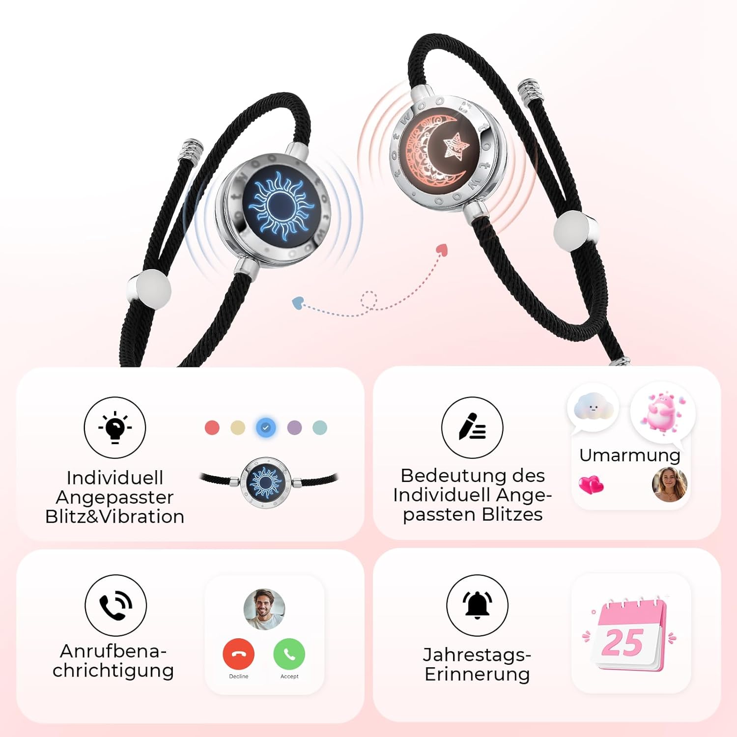 Thumbnail 2 de TOTWOO Bracciali per coppie con collegamento Bluetooth, luci e vibrazione tramite app in acciaio 316L