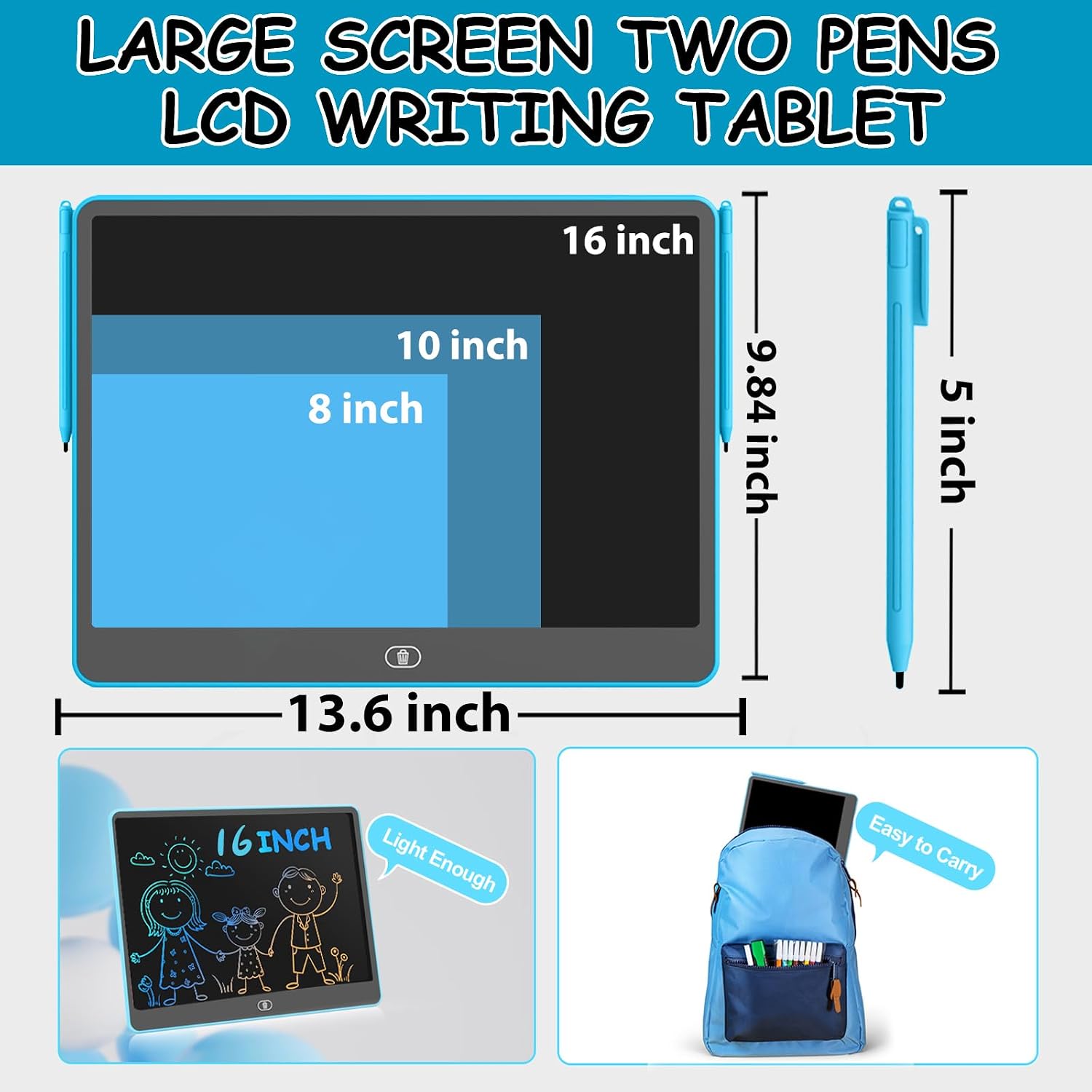 Thumbnail 1 de Two Pens 16 Inch LCD Drawing Tablet — Portable, Reusable Magic Board for Kids (Blue)