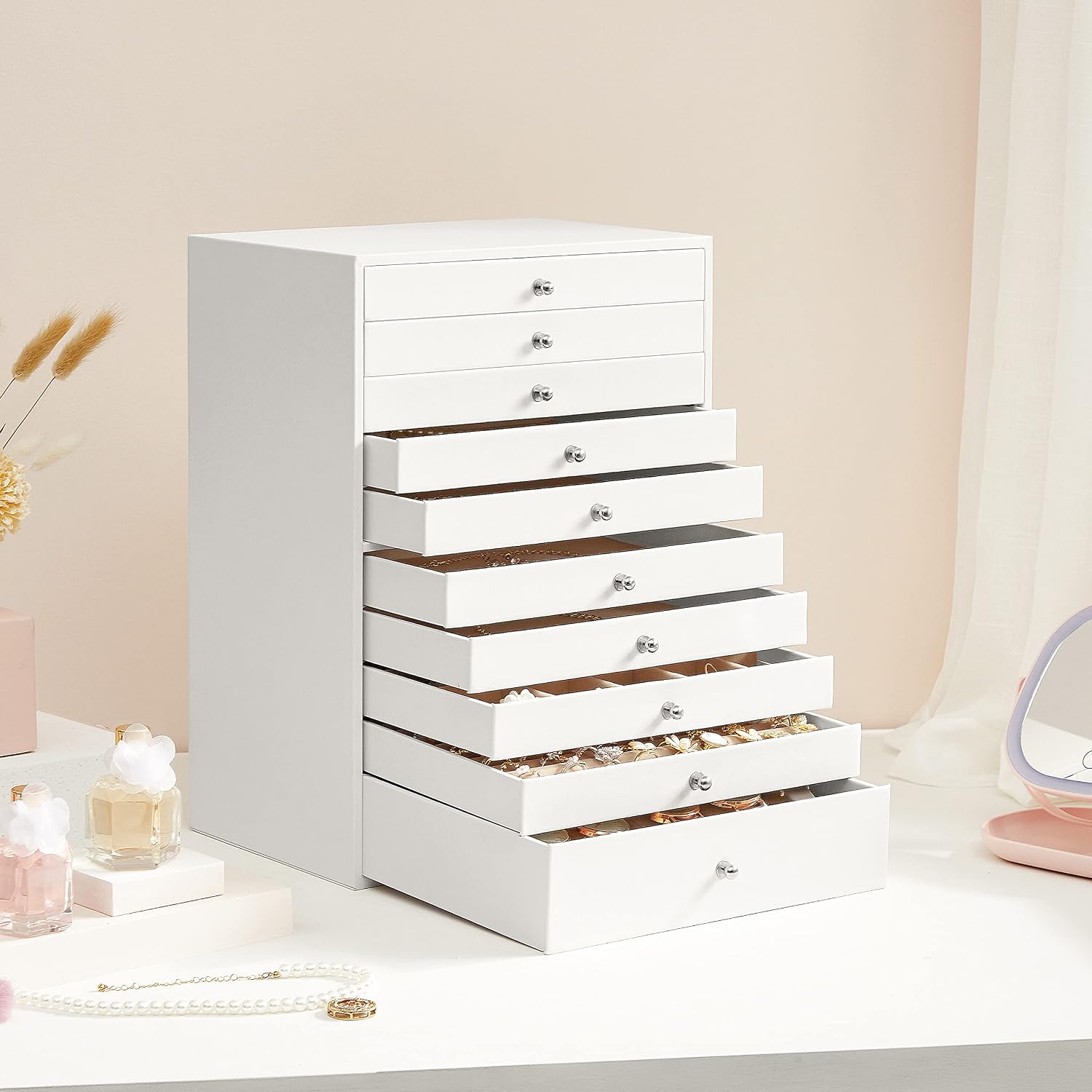 Detalle de SONGMICS Schmuckkästchen mit Uhrenkoffer, 10 Schubladen – Weiß