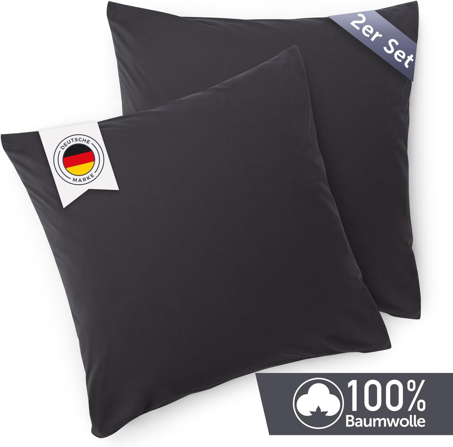 Thumbnail 1 de Blumtal Kissenbezug 80x80 cm (2er Set) Anthrazit – 100% Baumwoll-Jersey mit Reißverschluss