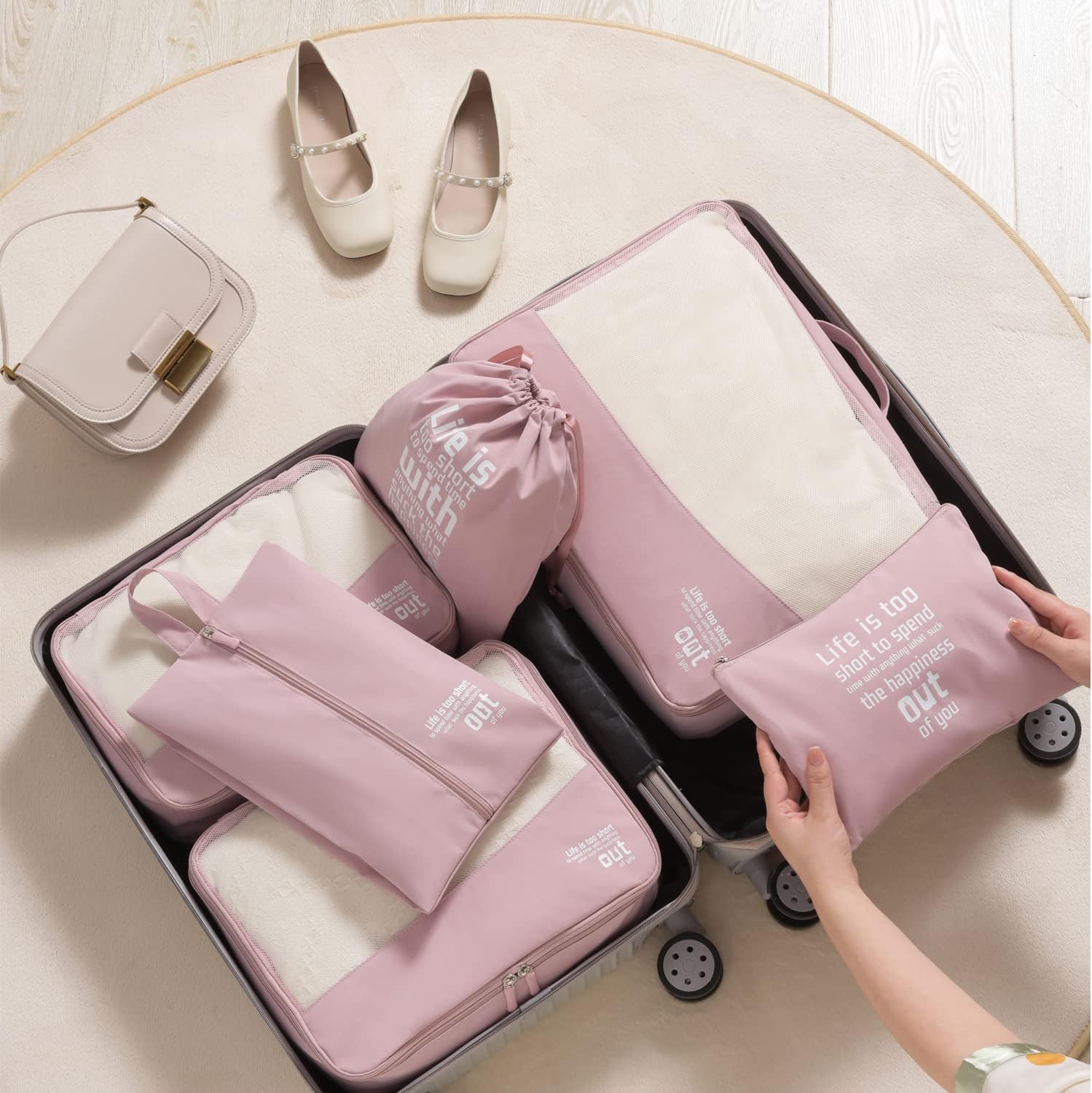 Detalle de MURISE Packing Cubes (8 ou 6 pièces) – Organisateur de valise en tissu imperméable