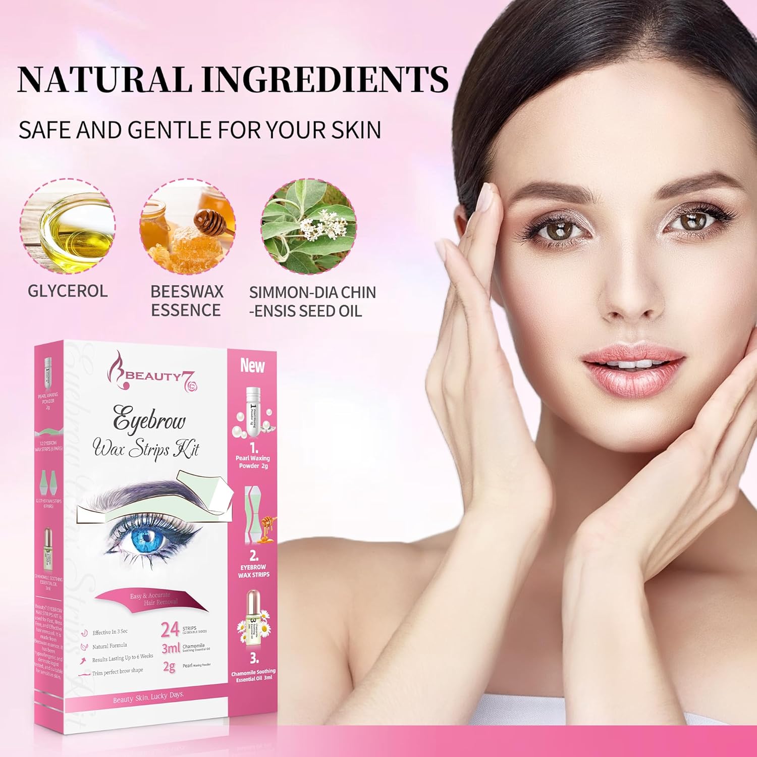 Detalle de Strisce di Cera Depilatorie per Sopracciglio Beauty7 – confezione da 24 strisce con polvere di perle e olio di camomilla