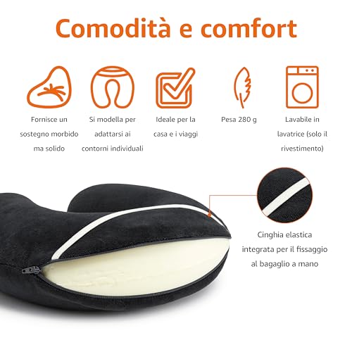 Detalle de Amazon Basics Cuscino per il collo in memory foam, Semicircolare, Nero – supporto confortevole per viaggi e relax