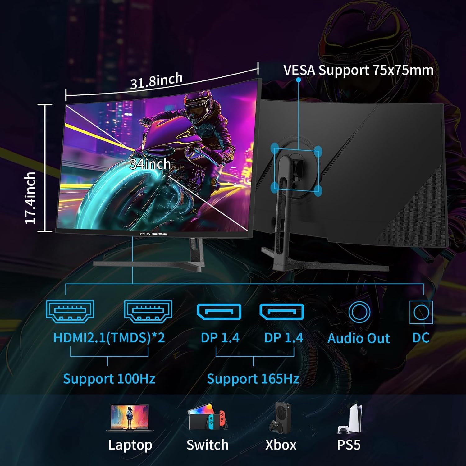 Thumbnail 2 de Minifire MFG34C5Q 34" UWQHD Curved Gaming Monitor 165Hz