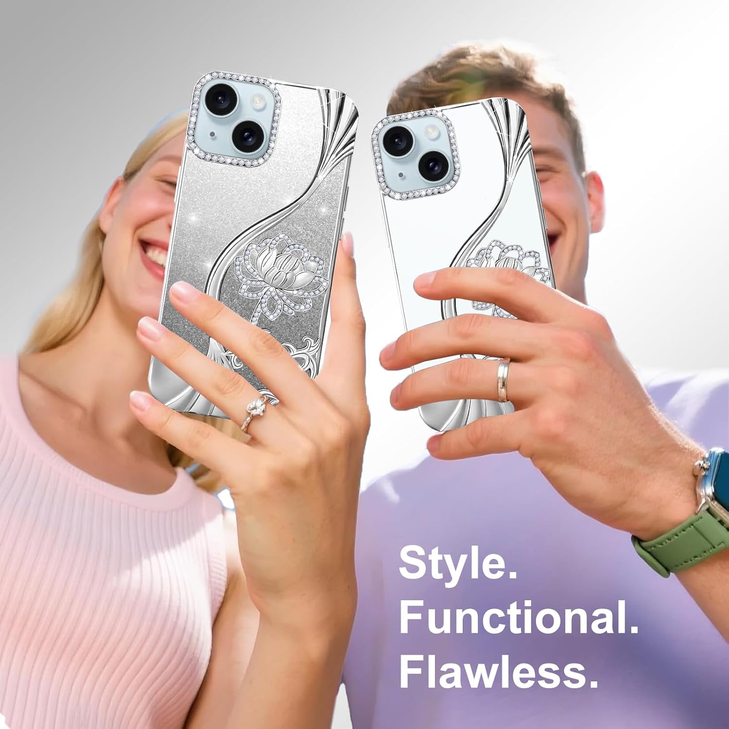 Thumbnail 3 de LEVIOSA Floral Glitter Case for iPhone 15 – Slim TPU protective cover in Silver