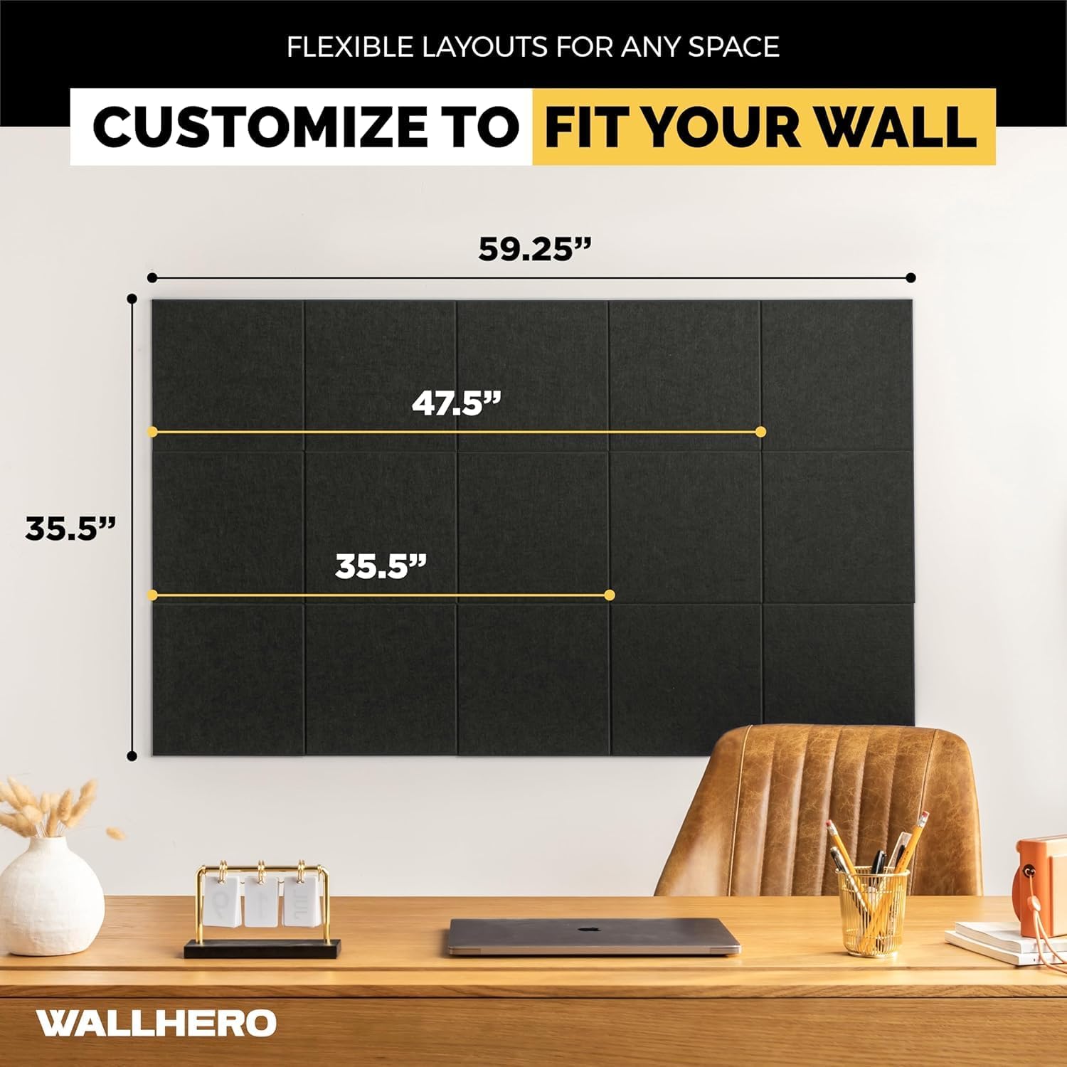 Thumbnail 3 de WallHero 15x_12inch Felt Wall Tiles, Black, Up to 59" x 35.4
