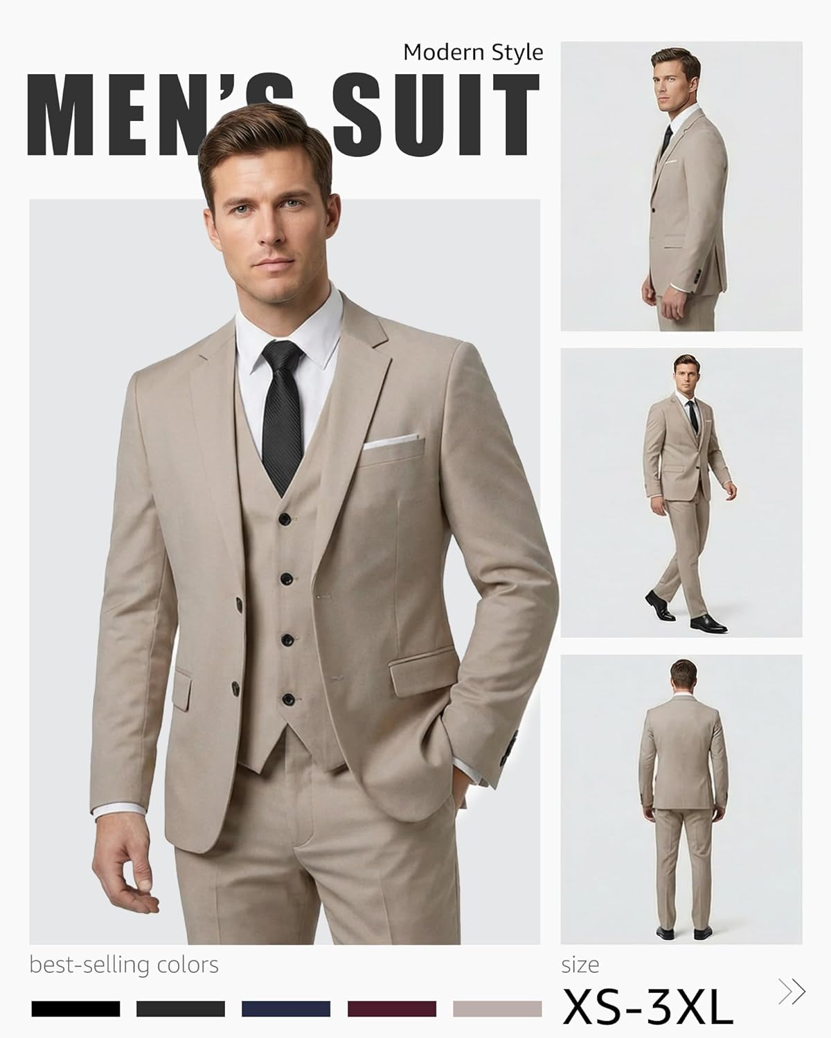 Thumbnail 2 de YND Men's 3 Piece Suit Set with Tie — Slim Fit, 2-Button Blazer, Vest & Pants in 29 Colors