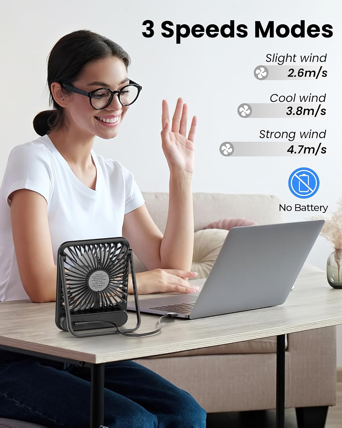 Detalle 2 de Koonie F491 5-Inch USB-C Desk Fan, 3 Speeds, 180° Tilt, Quiet