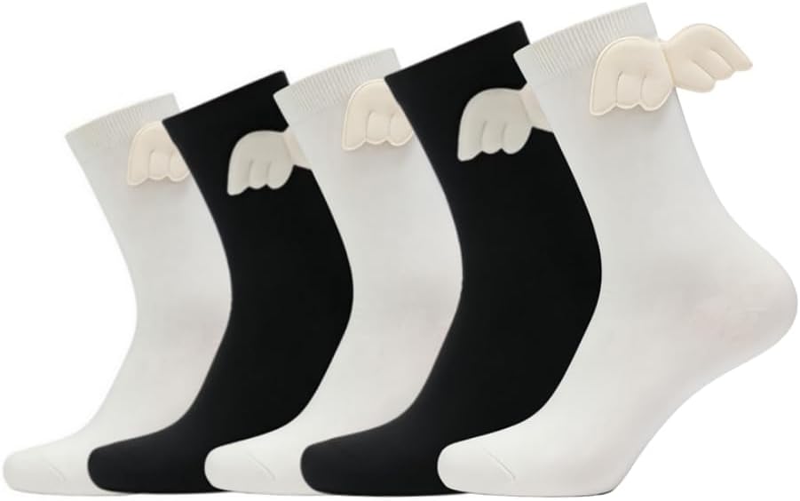 Detalle de AKAMAS 5 Paar Socken mit Engelsflügeln – Schwarz/Weiß, atmungsaktiv, süßes Lolita‑Design für Damen