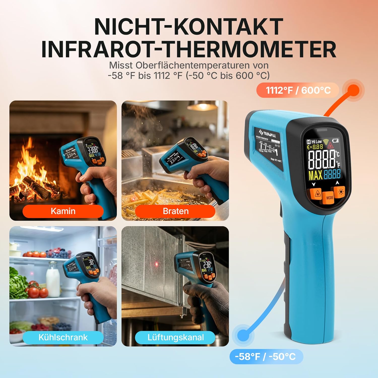 Detalle de Tilswall Infrarot-Thermometer 600°C für Küche/Grill 🌡