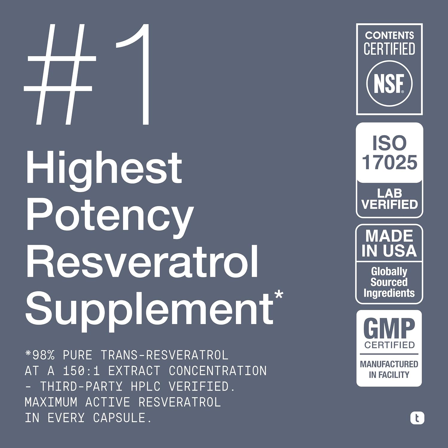 Detalle de Toniiq Resveratrol supplements Capsules, 98% Trans-Resveratrol, 600 mg per Serving