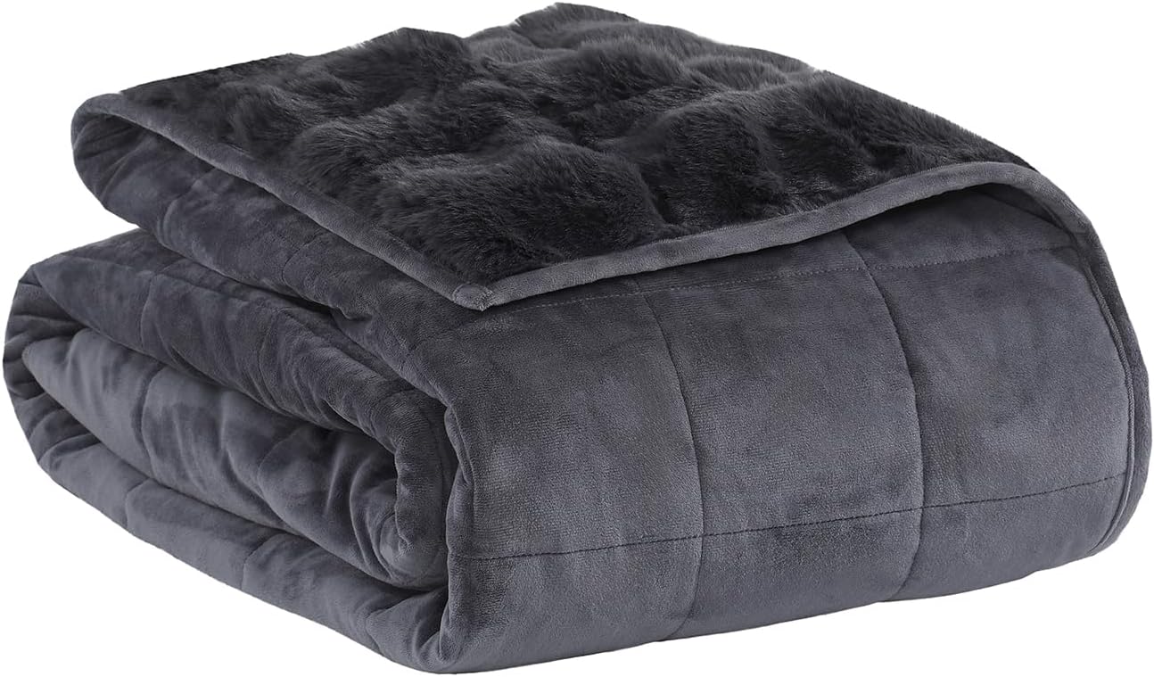 Detalle de MOTRIP Queen Size Weighted Blanket, 15 lb Faux Fur, 60 x 80 in, Gray