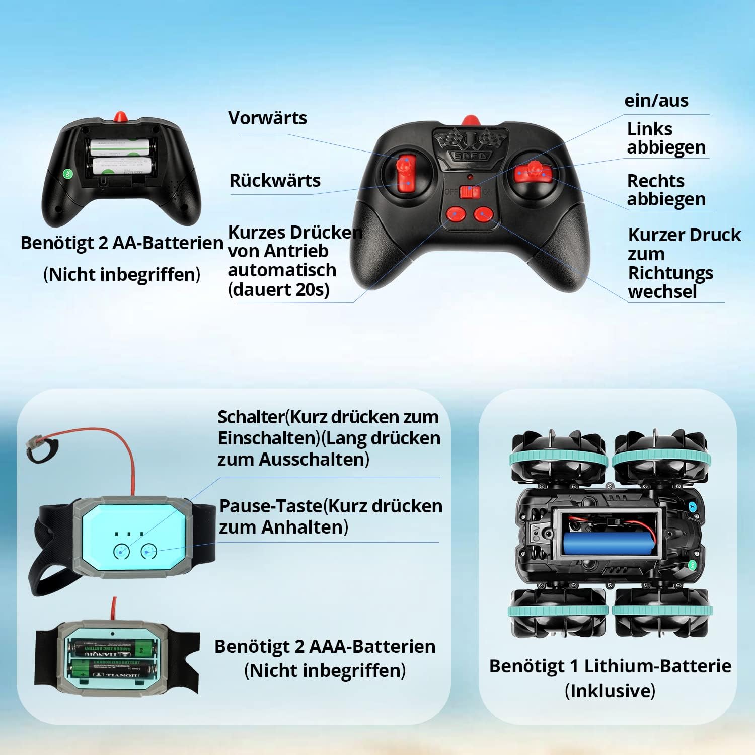 Detalle de AmazeFun Amphibisches ferngesteuertes Auto – Gesten- und Handfernbedienung, 4WD Offroad