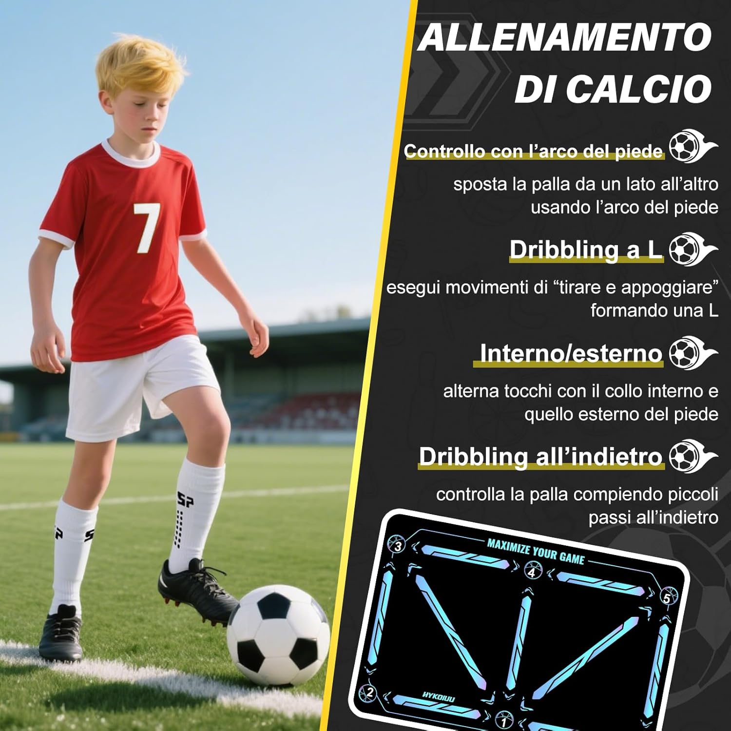 Thumbnail 2 de Tappeto Calcio Allenamento con Video di Allenamento – 90 × 60 cm, calzini antiscivolo, kit completo