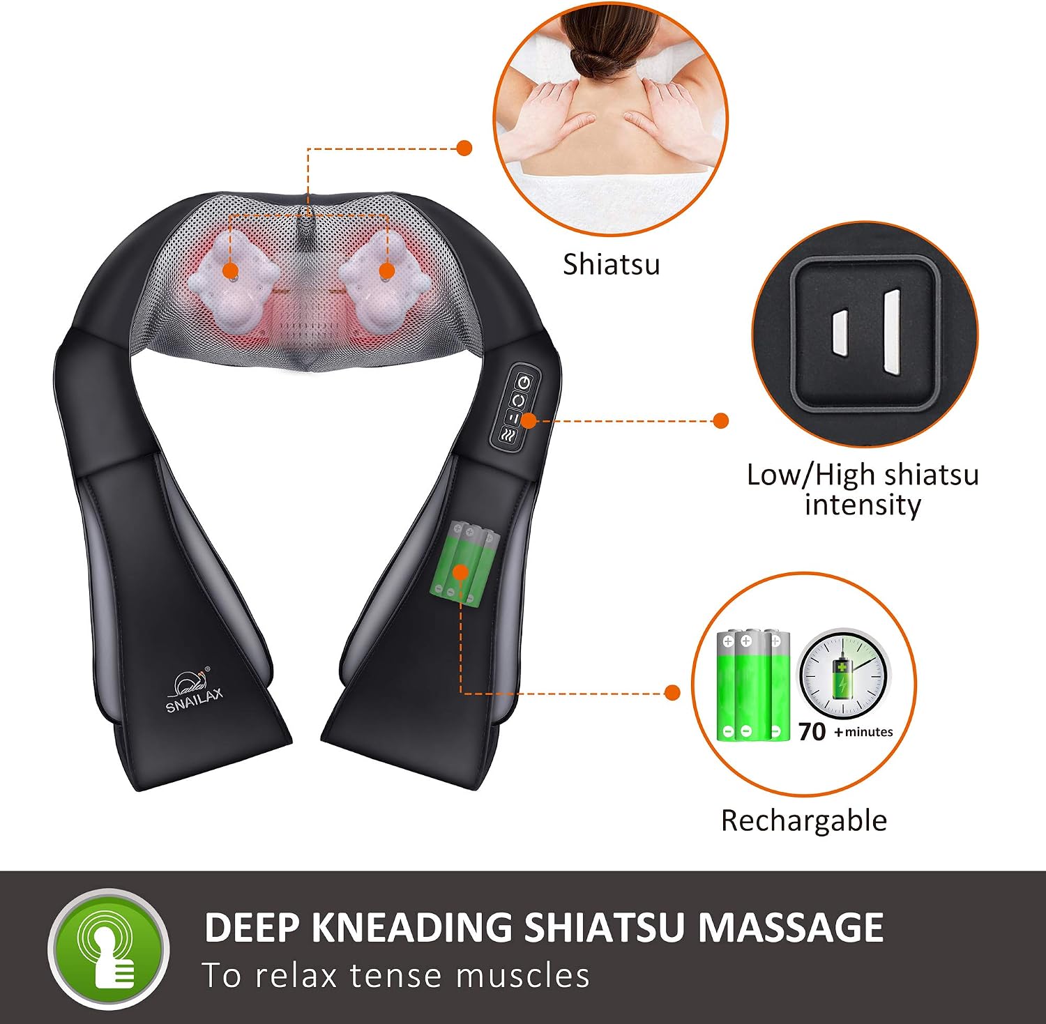 Detalle 2 de Snailax Kabellos Massagegerät Shiatsu 80 Min