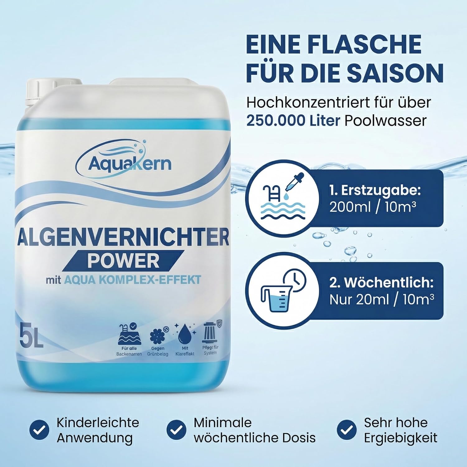 Detalle de Aquakern Algenvernichter Pool Power 5L mit Aqua KLAR KOMPLEX – für über 250.000 Liter