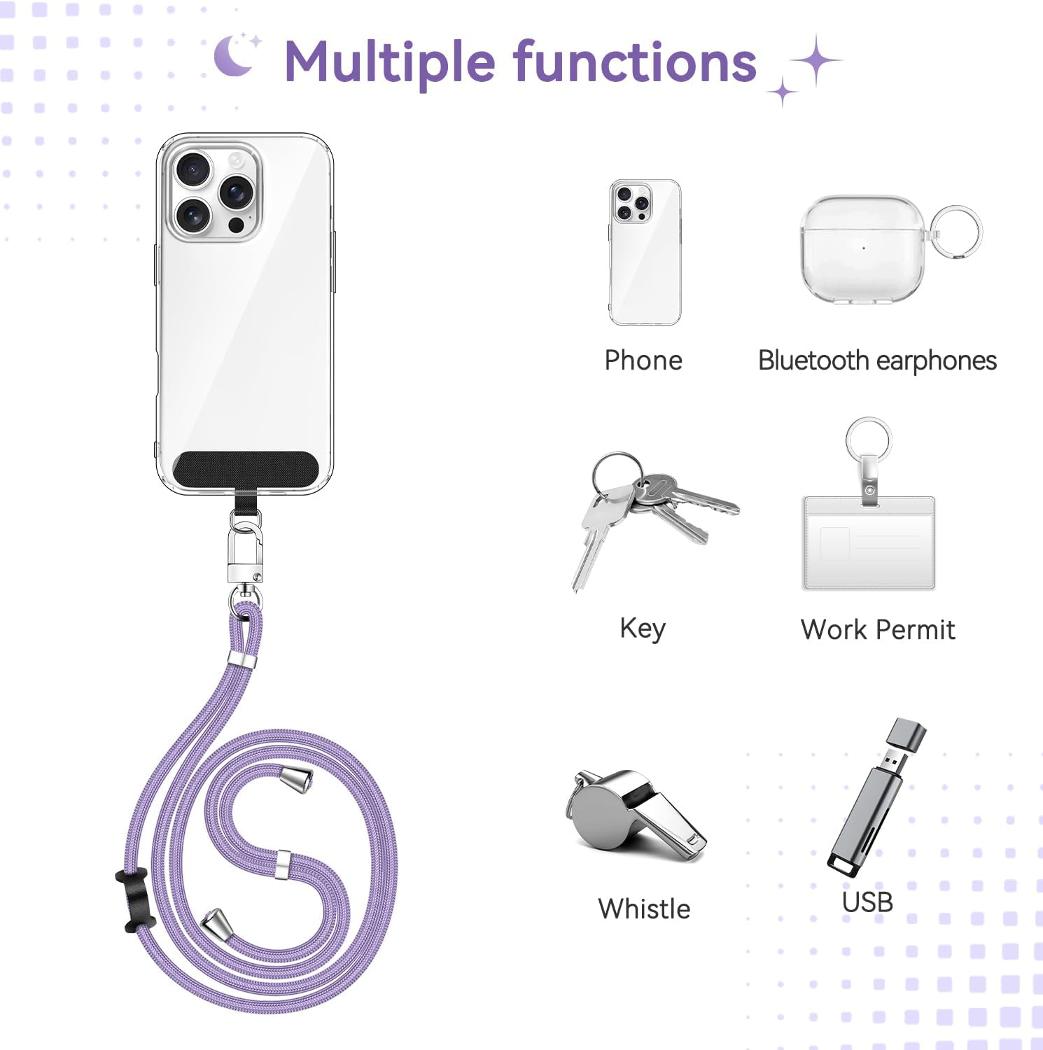 Thumbnail 1 de iVoler Cordino universale per cellulare con 2 patch regolabile e rimovibile (viola chiaro) — per iPhone, Samsung, Xiaomi