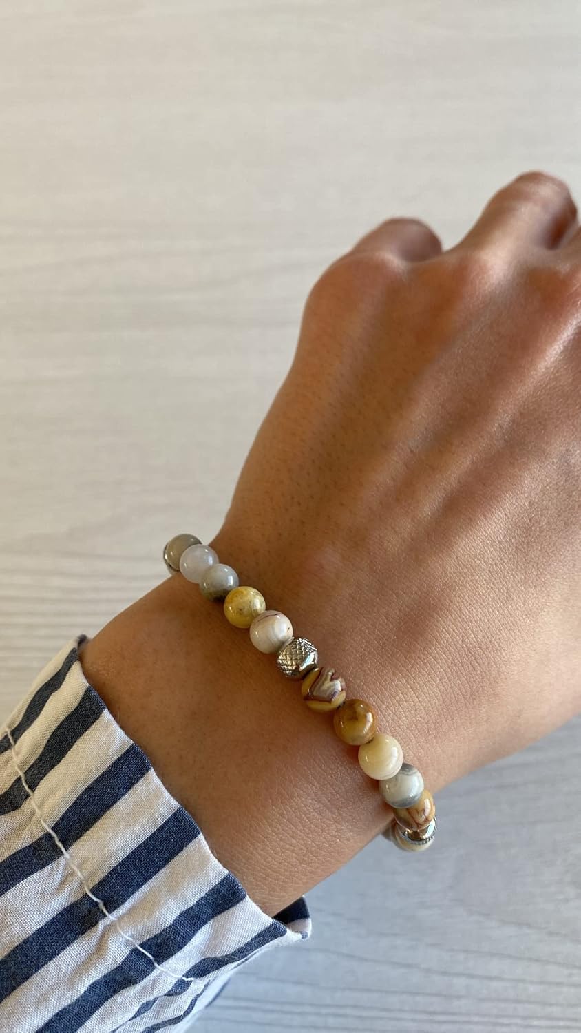 Detalle 2 de 10:10 Bracciale con pietre naturali agata Picasso da 6 mm — acciaio inox, 21 cm, produzione italiana