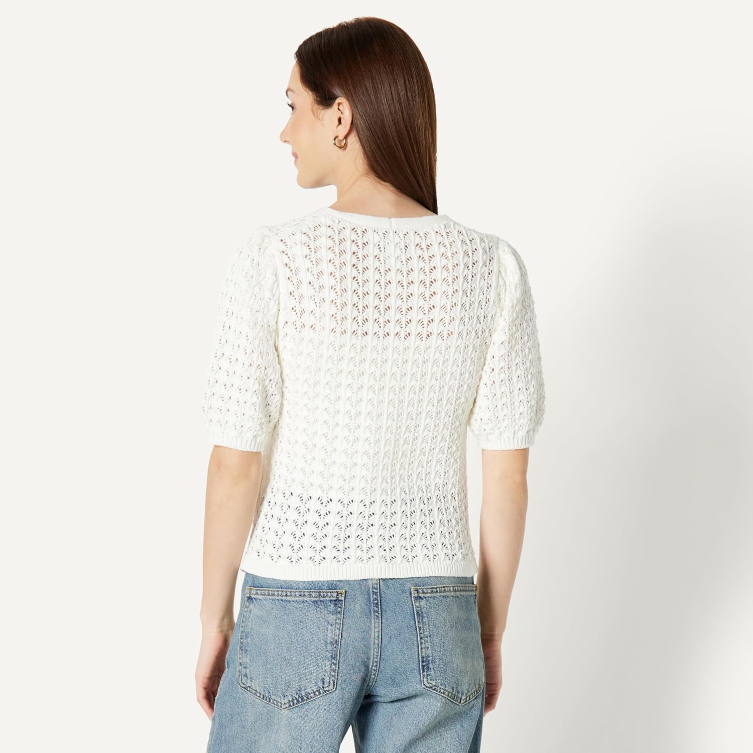 Detalle de Amazon Essentials Damen Kurzärmeliger Häkel-Cardigan aus Baumwolle – leichtes, atmungsaktives Sommertop mit V-Ausschnitt