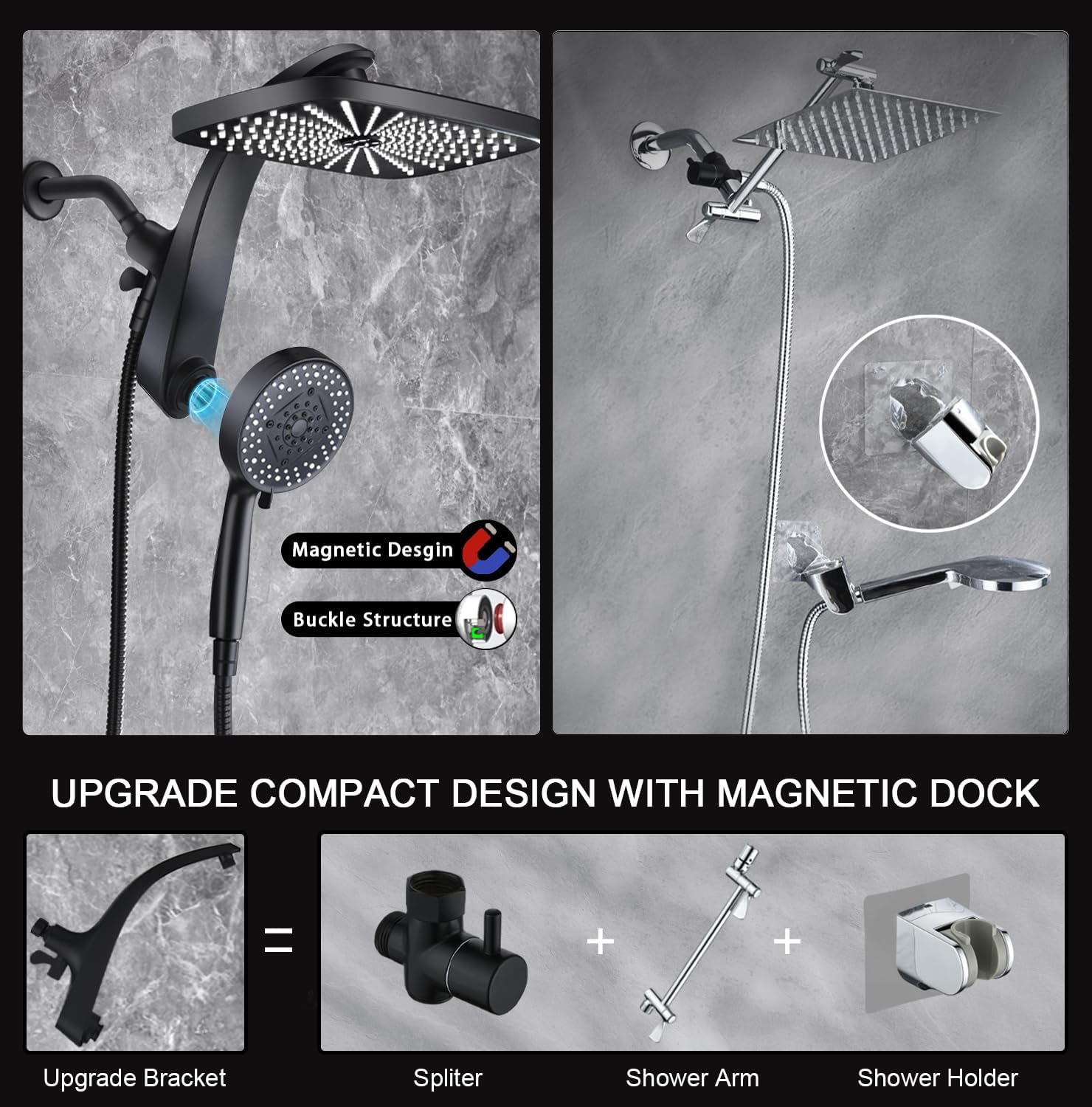 Thumbnail 6 de BOZYBO Rain Shower Head with Handheld: 12-Inch Rainfall Head + 9-Mode Hand Shower, Magnetic Dock, Power Jets