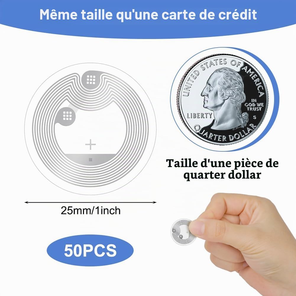 Detalle 2 de OFFCUP NTAG213 NFC-stickers, rond, 25 mm, 144 byte, zelfklevend, 50 stuks