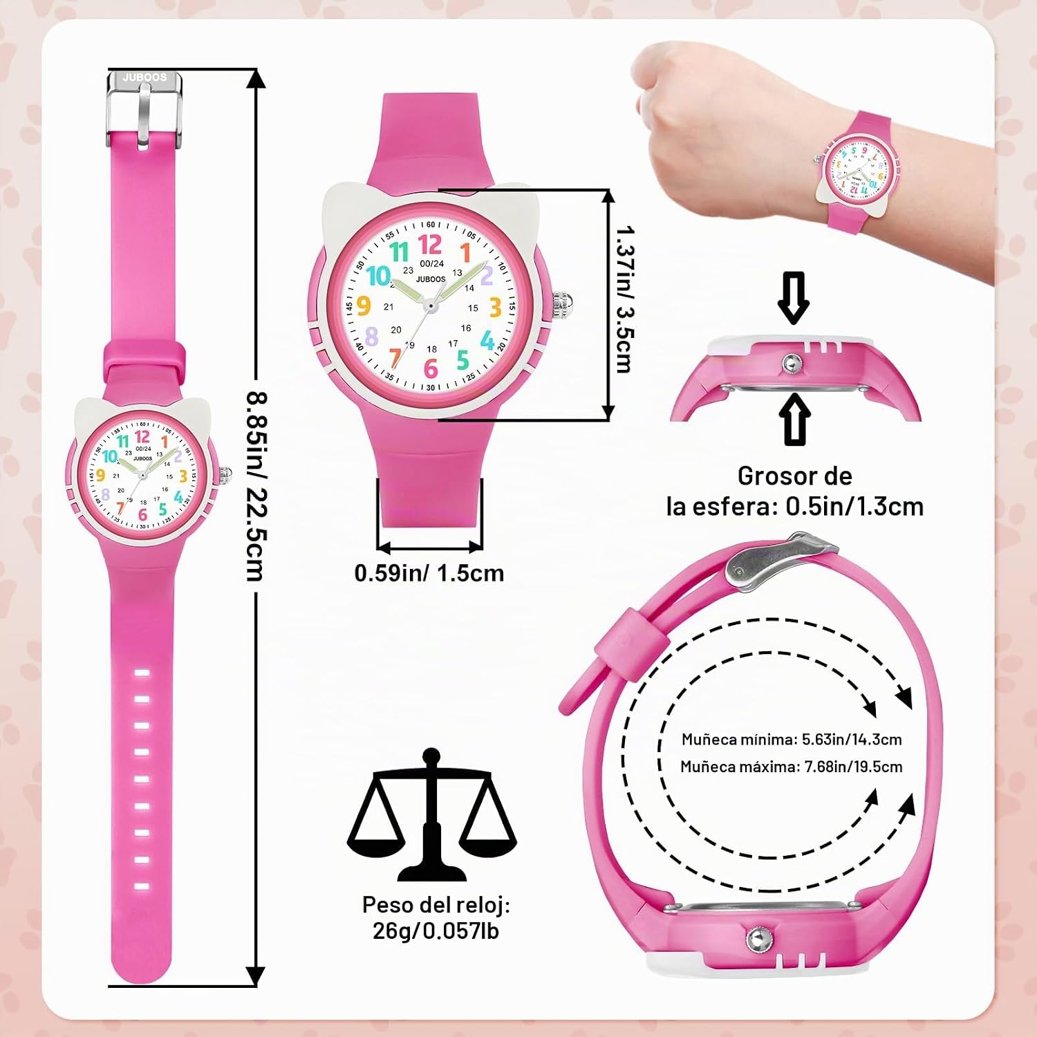 Detalle de Juboos Reloj Analógico para Niños 4–12 años – Aprender la Hora con diseño Rosa Magenta