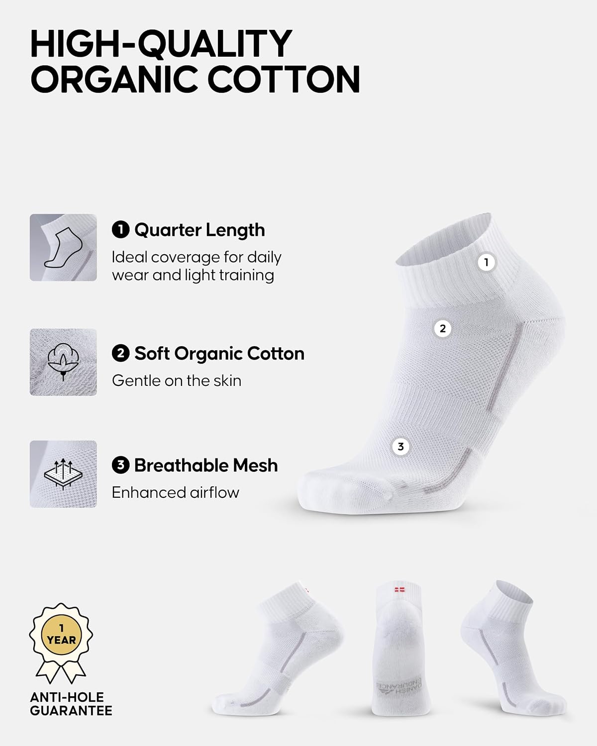 Detalle de Danish Endurance Organic Cotton Athletic Quarter Socks – Unisex, Cushioned, Anti‑Blister
