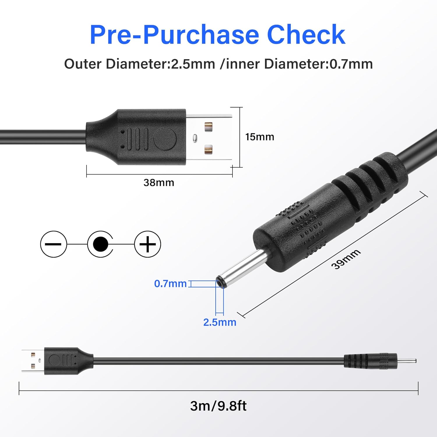 Thumbnail 1 de SinLoon USB to DC 2.5x0.7mm Power Cord (5V, 3A, 10ft) – 2 Pack
