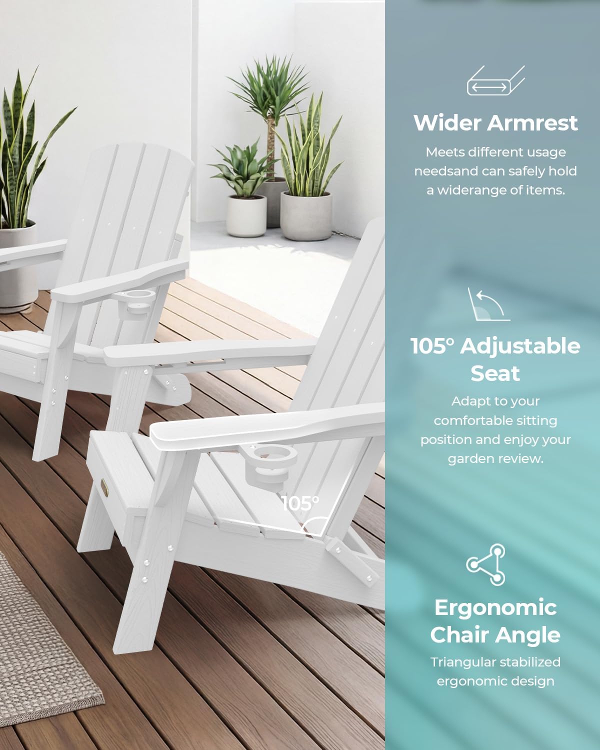 Detalle de SUUNYN Adirondack Chair, White Foldable HDPE with 2 Cup Holders