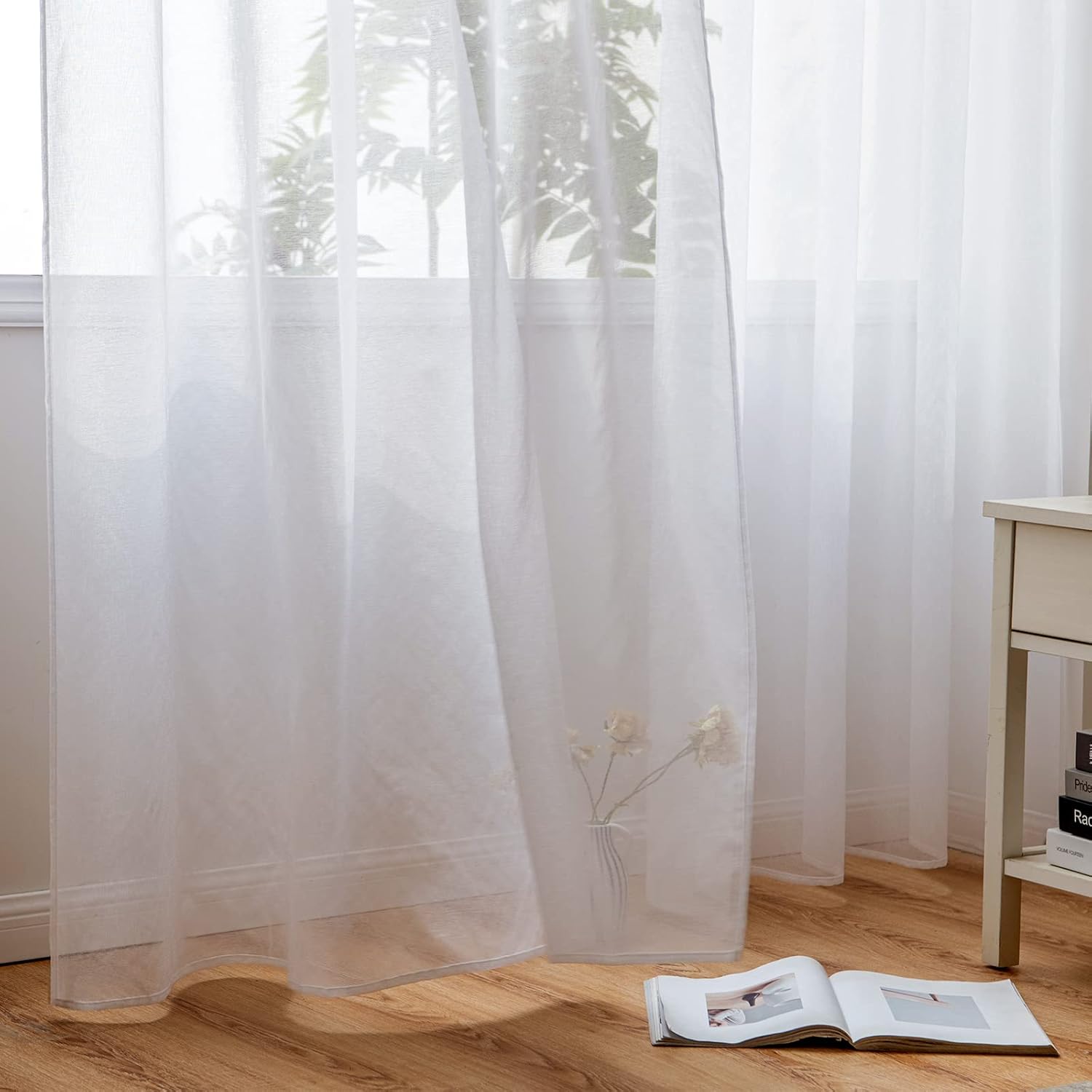 Thumbnail 6 de Woaboy Voile Gardinen Kurz Weiss – 2er Set, 140 x 160 cm, Ösen/Schlaufen, transparente Scheibengardine