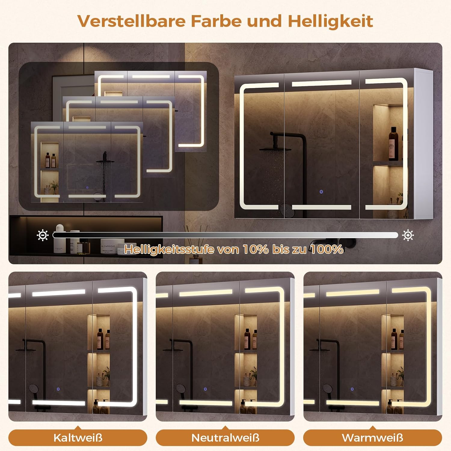 Thumbnail 2 de mojiasion Spiegelschrank fürs Bad mit LED, Touch-Dimmer, Steckdose & 3 verstellbaren Regalen (60×80×16 cm)