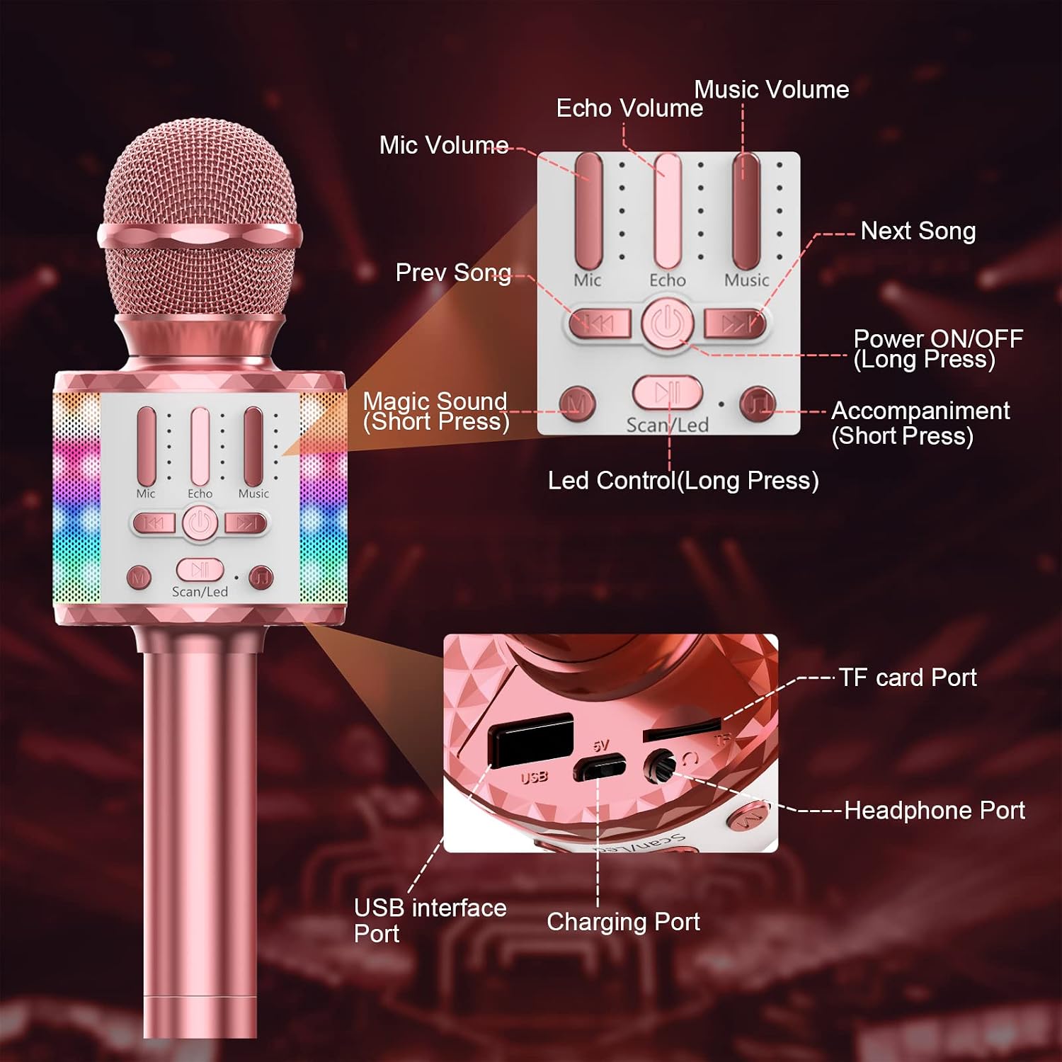 Detalle de Karaoke Mikrofon mit LED – Bluetooth Mikrofon mit Lautsprecher, tragbares KTV-System für Kinder und Familie