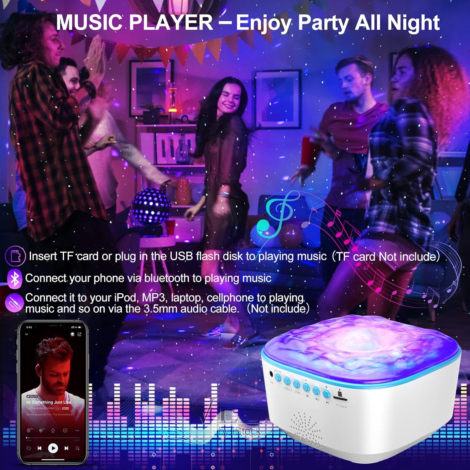Thumbnail 2 de Bozhihong Galaxy Projector star night light with remote, timer and built-in music (white)
