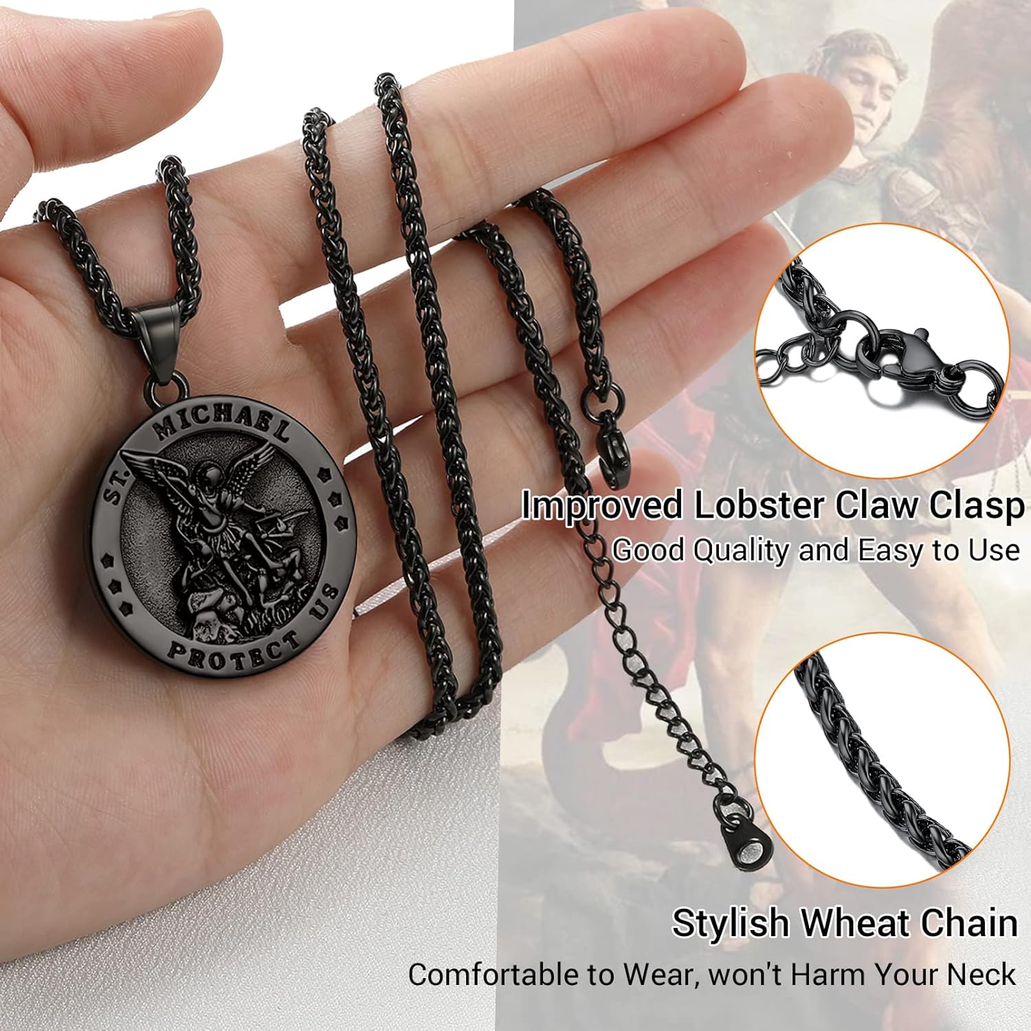 Thumbnail 2 de PROSTEEL Collier pendentif bouclier / médaille ronde & croix Saint Michel archange en acier inoxydable 316L et argent 925