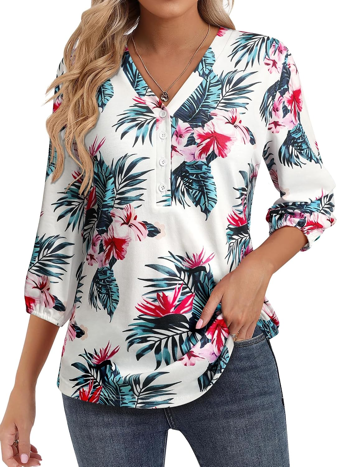 Thumbnail 5 de WIEIYM 3/4 Sleeve Floral V‑Neck Blouse 🌺