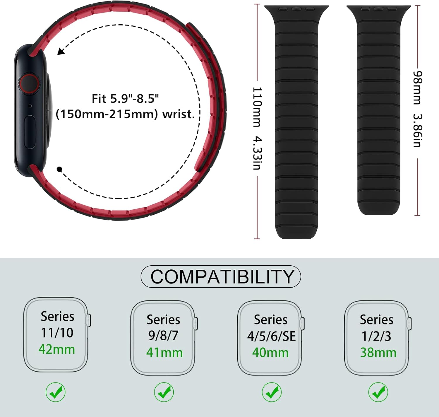 Detalle de Sixmoat Magnetic Silicone Strap for Apple Watch (42mm/41mm/40mm/38mm) – Black-Red
