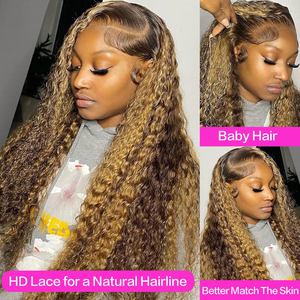 Detalle de Abbildung 30-inch Highlight Ombre Lace Front Wig Human Hair 13x6 Deep Wave, Honey Blonde 4/27, Glueless, HD Lace