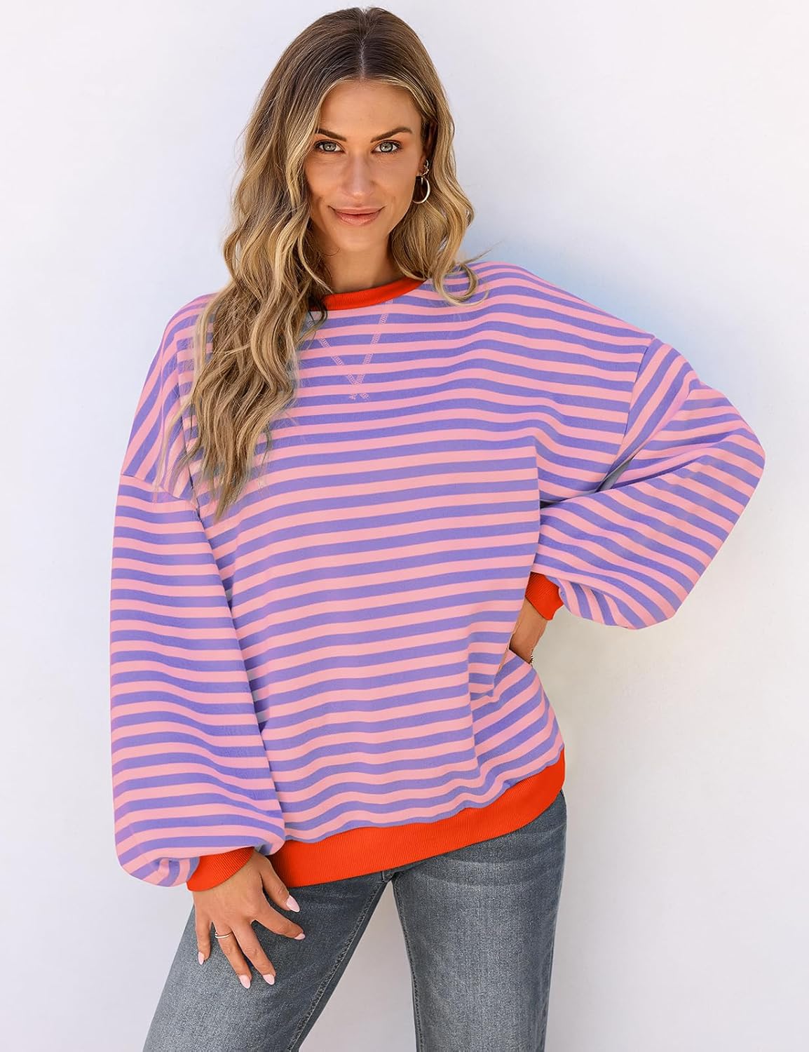 Thumbnail 1 de UEU Women Oversized Striped Crewneck Sweatshirt – Color Block, Long Sleeve