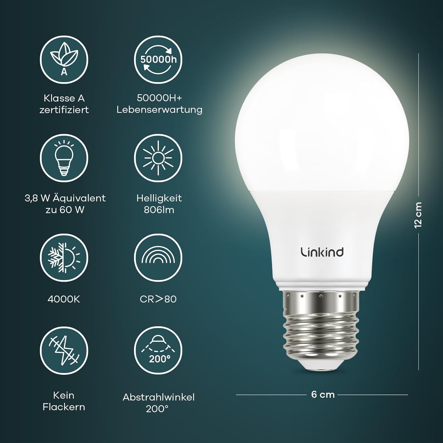 Thumbnail 1 de Linkind Ultraeffiziente E27 LED-Lampe Matt A60, 3,8W (entspricht 60W), 4000K, 806 lm, 200° – 6er-Set, nicht dimmbar