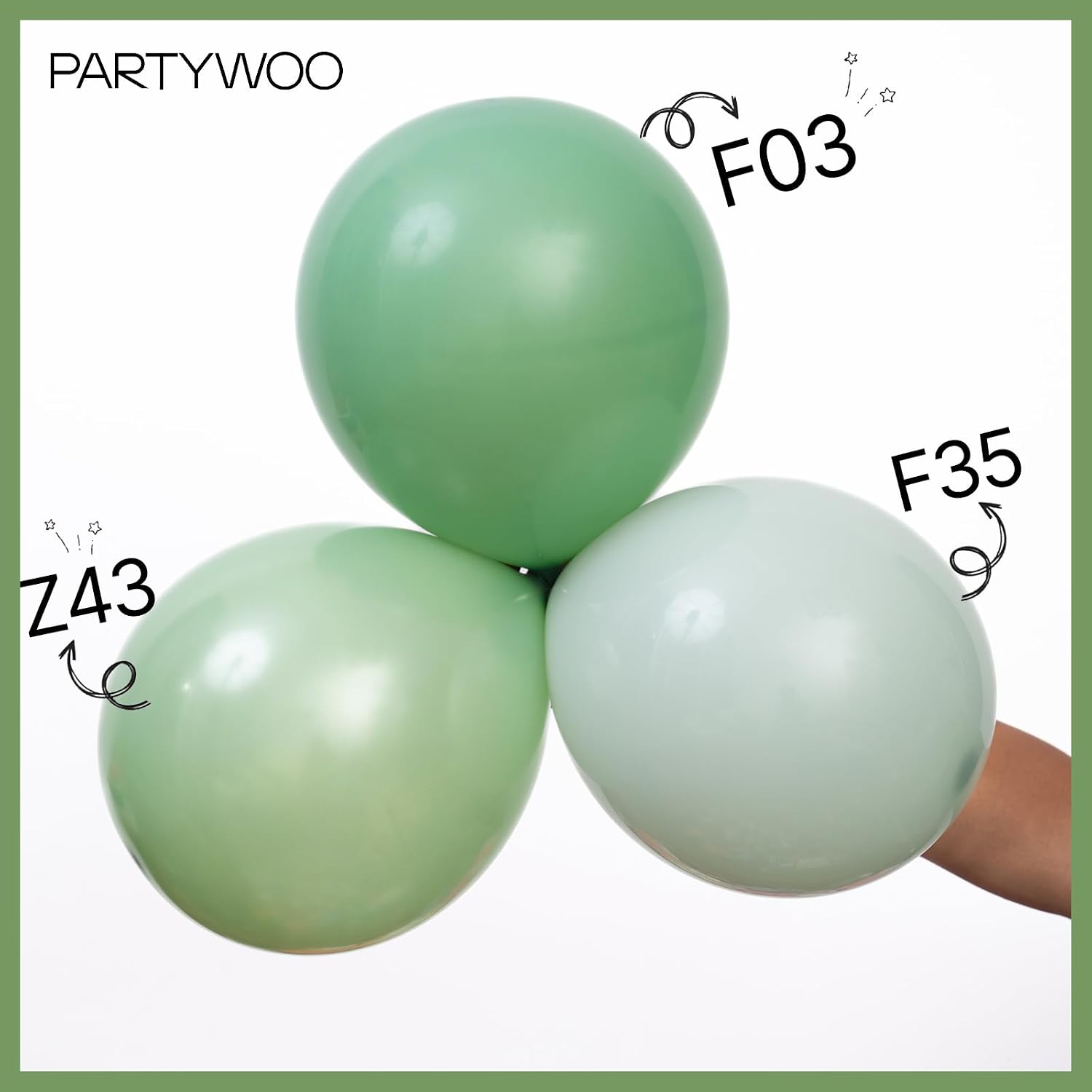 Detalle 2 de PartyWoo Sage Green Latex Balloons Kit (100 pcs, mixed sizes)