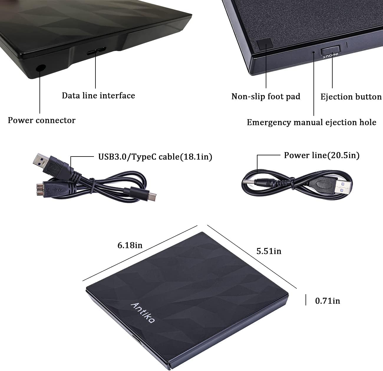 Thumbnail 6 de Antika Externe CD/DVD-Laufwerk mit Type-C USB 3.0 – Brenner, Reader und Backup-Power für Laptop, PC und Mac