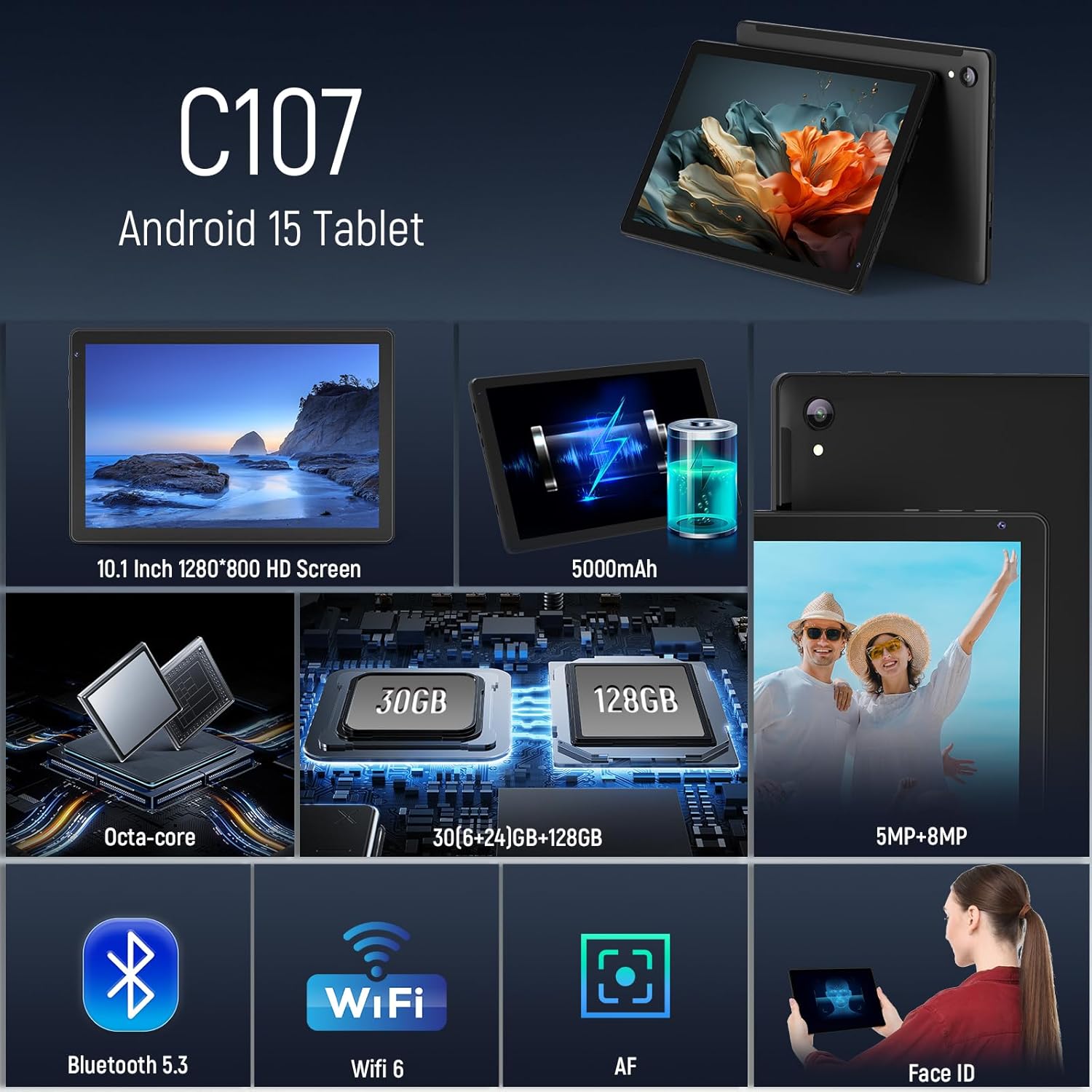 Thumbnail 1 de Whitedeer 10 inch Android 15 Tablet with Face ID, WiFi 6 and 128GB–1TB expandable storage (Black)
