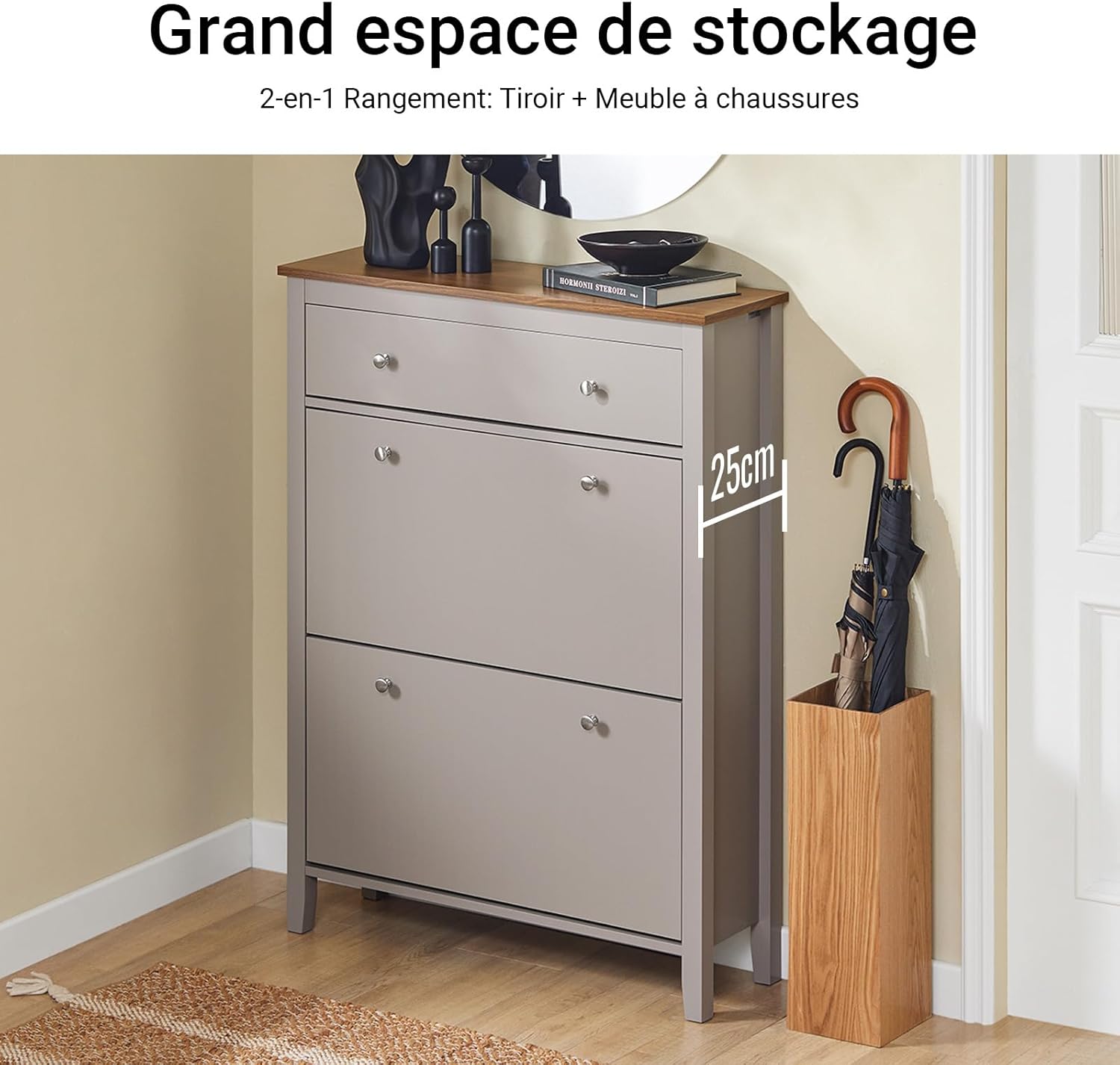 Detalle de SoBuy Meuble Chaussure Entrée – Grand rangement 12 paires, MDF E1, Marron clair (FSR89-KA)