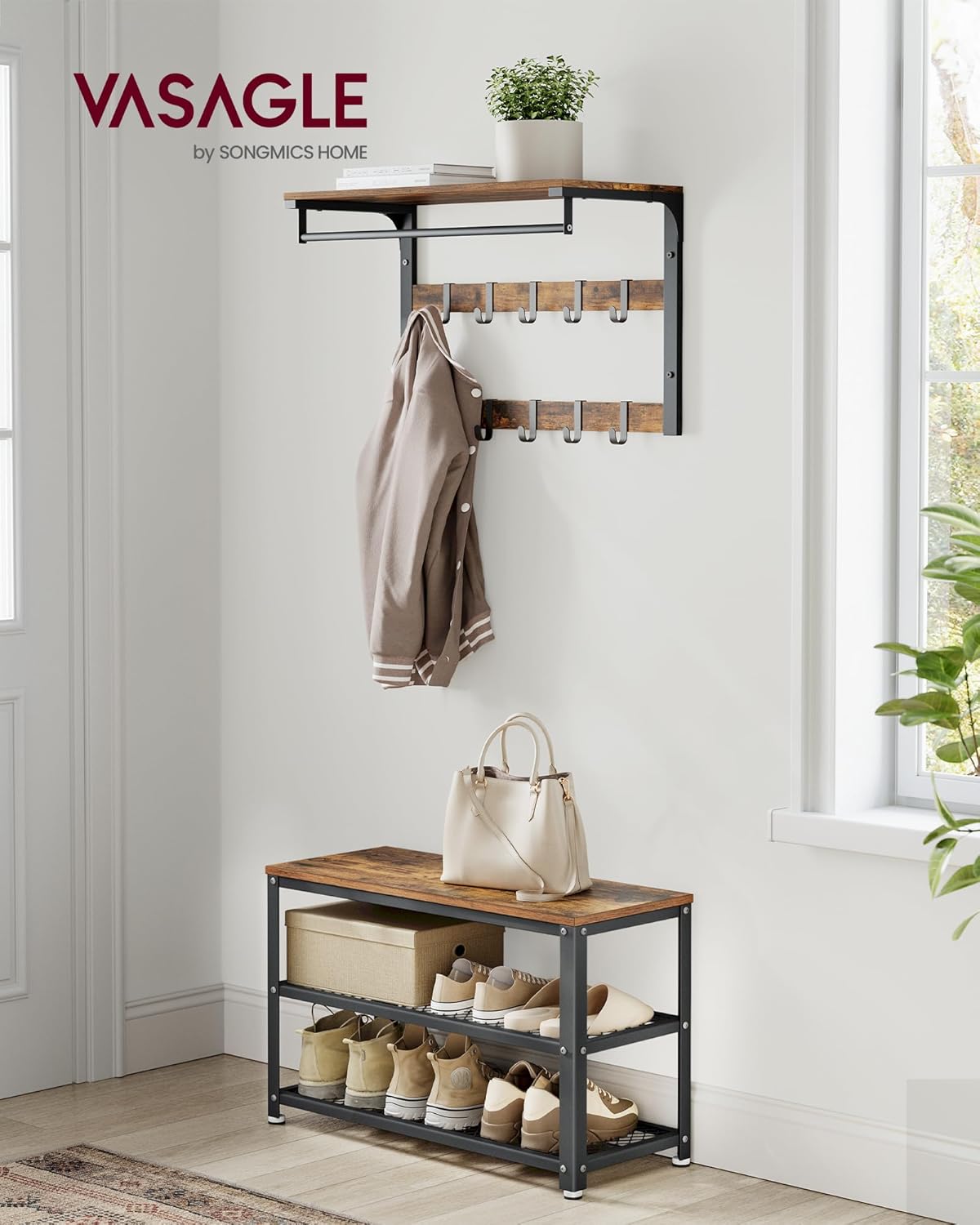 Thumbnail 1 de VASAGLE Schuhbank LBS73X – Schuhregal mit 2 Gitterablagen, 30 x 73 x 45 cm, industriell vintagebraun-schwarz
