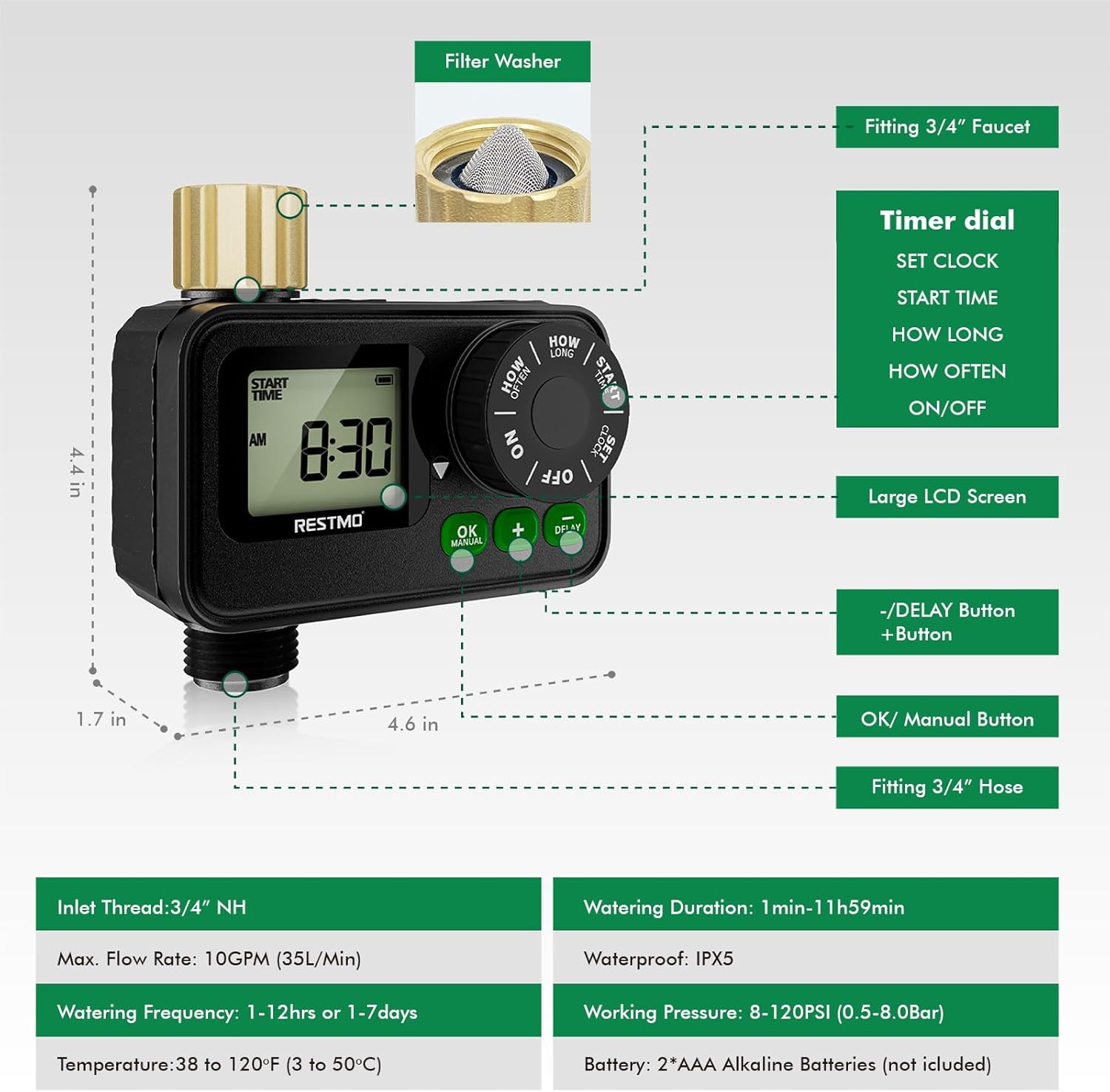 Thumbnail 6 de RESTMO Sprinkler Timer for Outdoor Hose Faucet with Brass Inlet – 11h59m Programmable Watering